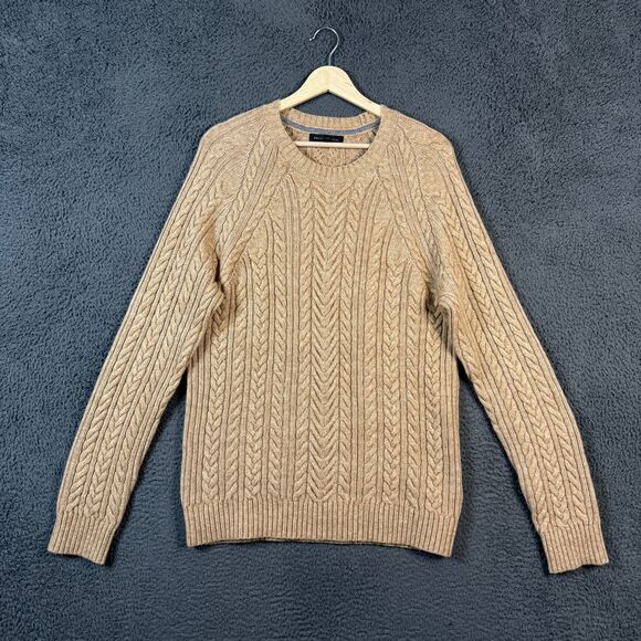 Banana Republic Sweater Mens Large Beige Tan Cable Knit Crew Neck Wool Blend - Picture 1 of 9